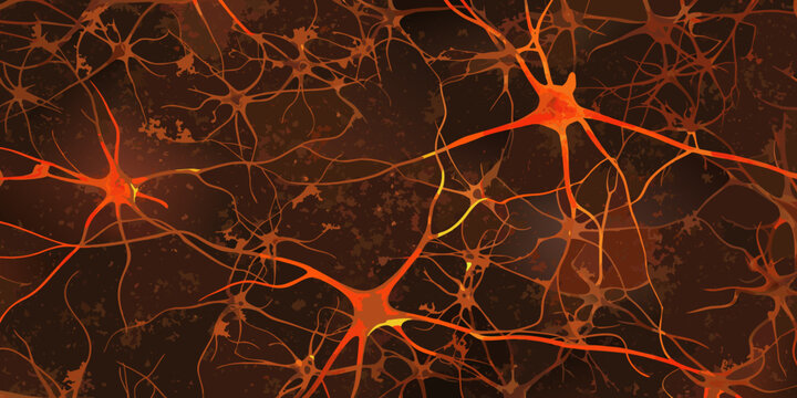 Abstract representation of interconnected neurons with glowing orange dendrites and axons against a dark background