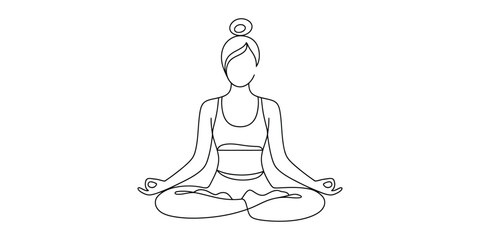 Simple continuous line drawing of a woman meditating in lotus position