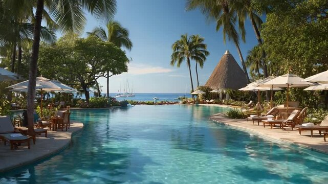Luxury resort pool: A panoramic view of an idyllic resort pool overlooking the vast ocean under a clear sky, surrounded by lush tropical vegetation.