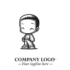 Black and White Chibi Boy Illustration with Jacket and Boots in Bold Thick Line Art Minimal Style