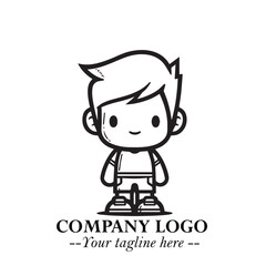 Black and White Chibi Boy Illustration with Jacket and Boots in Bold Thick Line Art Minimal Style