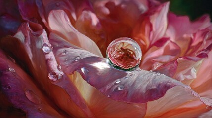 Close-up of a delicate water drop on a soft pink rose petal, creating a beautiful romantic and gentle atmosphere, nature beauty and purity concept.