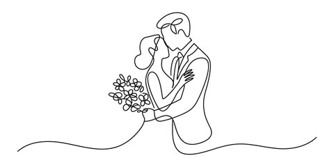 Continuous line drawing of a wedding couple kissing