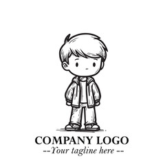 Black and White Chibi Boy Illustration with Jacket and Boots in Bold Thick Line Art Minimal Style