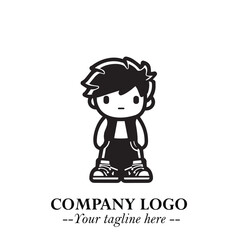 Black and White Chibi Boy Illustration with Jacket and Boots in Bold Thick Line Art Minimal Style