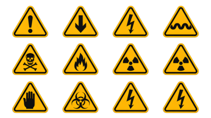 Essential safety warning symbols for hazard awareness and risk prevention, including electrical, fire, biohazard, and toxic danger.