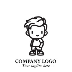 Black and White Chibi Boy Illustration with Jacket and Boots in Bold Thick Line Art Minimal Style