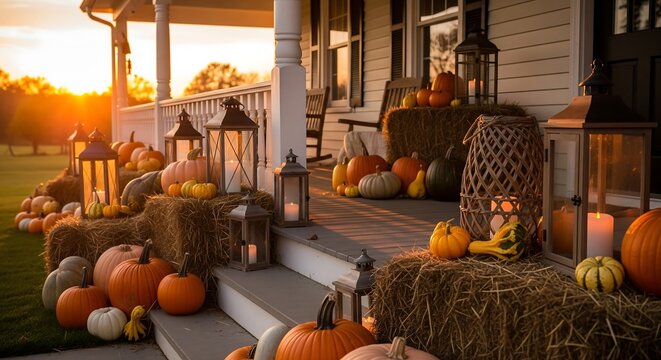 Cozy porch with rustic autumn decorations and lanterns