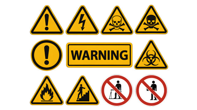 Essential safety and warning signs collection vital for hazard alerts, emergency protocols, and workplace safety compliance