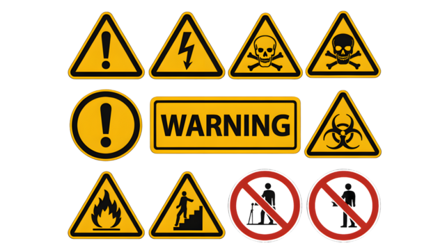 Essential safety and warning signs collection vital for hazard alerts, emergency protocols, and workplace safety compliance