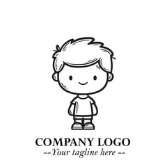 Black and White Chibi Boy Illustration with Jacket and Boots in Bold Thick Line Art Minimal Style