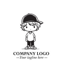 Black and White Chibi Boy Illustration with Jacket and Boots in Bold Thick Line Art Minimal Style