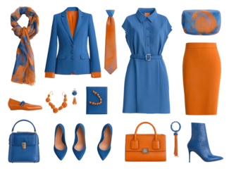 Professional business attire in a vibrant blue and orange color scheme.  Various items including jackets, dresses, skirts, scarves, bags, shoes, and accessories