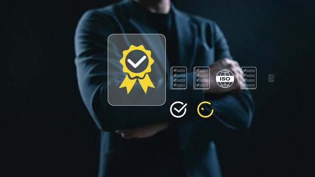 4k Businessman selecting quality assurance certification icon on virtual screen. Concept of ISO standards, compliance, quality control, and business process improvement in corporate governance