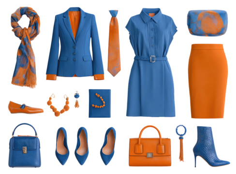 Professional business attire in a vibrant blue and orange color scheme.  Various items including jackets, dresses, skirts, scarves, bags, shoes, and accessories