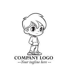 Black and White Chibi Boy Illustration with Jacket and Boots in Bold Thick Line Art Minimal Style