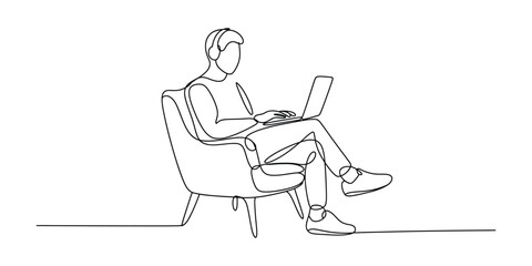 Single line drawing of a man sitting in a chair with a laptop