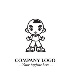 Black and White Chibi Boy Illustration with Jacket and Boots in Bold Thick Line Art Minimal Style