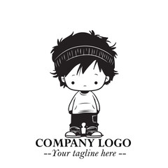 Black and White Chibi Boy Illustration with Jacket and Boots in Bold Thick Line Art Minimal Style