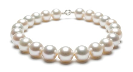 Obraz premium A delicate strand of lustrous white pearls, elegantly arranged in a circular formation on a pristine white background.