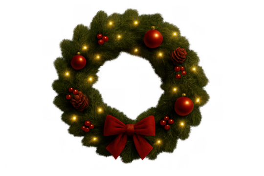 Christmas wreath decorating door, celebrating winter holidays, featuring pine, berries, ornaments, red bow, string lights