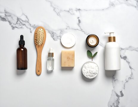 Minimalist Self-Care Products Arrangement on Marble Surface.