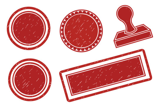 Various red grunge stamp shapes with distinct borders stand isolated on a white canvas