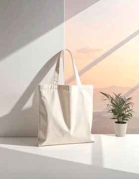 Minimalist Tote Bag Still Life with Plant and Sunlight.