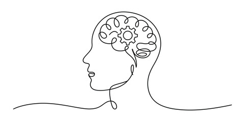 Human head profile with gear in brain, continuous line drawing