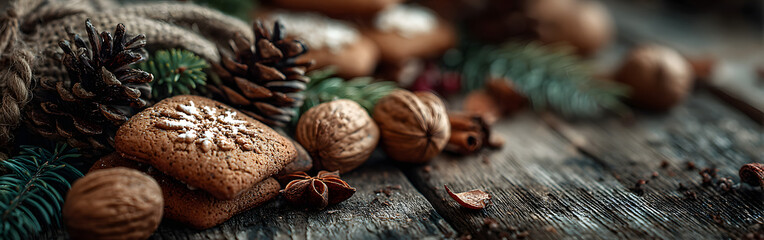 Christmas background - Natural decoration with cinnamon cookie, pine cones and twigs - Banner, Header with copy space for Xmas or Advent themes