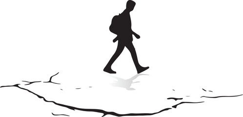 Silhouette of Hiker with Backpack Walking Across Cracked Ground on White Background person