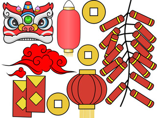 A festive collection of Chinese New Year elements, including a lion dance head, lanterns, firecrackers, and coins. Perfect for creating holiday and cultural designs