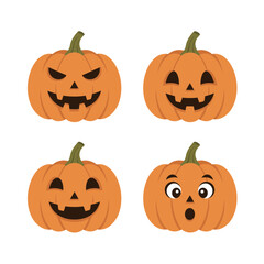 Set of four orange Halloween pumpkins with carved Jack-o'-lantern faces showing evil, happy, surprised, and mischievous expressions, vector illustration for seasonal celebration