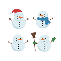 Collection of four adorable cartoon snowmen with winter accessories like Santa hat, scarf, broom, and mittens, vector illustration for Christmas, New Year, winter season, or holiday designs 
