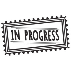 Black and white In Progress text displayed inside a stamp border is shown