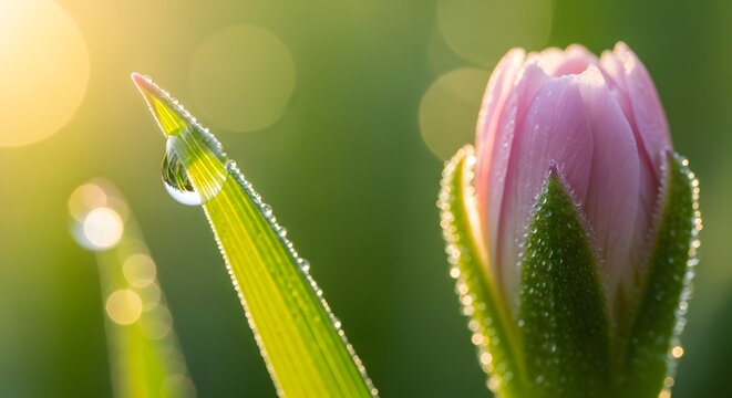 Delicate pink flower bud with dew drops on green grass blades in soft morning sunlight