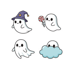 Set of four cute cartoon ghosts, one wearing a witch hat, one holding a lollipop, one floating, and one hiding in a cloud, vector illustration for Halloween celebration isolated on white background.