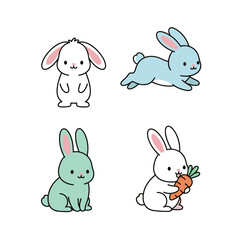 Collection of four cute cartoon bunny and rabbit characters in different poses, including running and holding a carrot