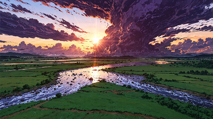 Vibrant sunset over a green valley with rivers and fields