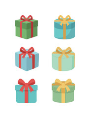 Collection of colorful vector gift boxes with bows, set of holiday and birthday presents in various shapes for celebration and happy occasions.