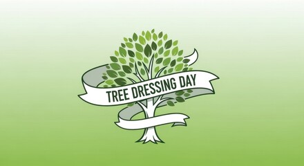 Tree Dressing Day graphic illustration with a stylized tree and banner. Environmental conservation and nature celebration concept on a green background.