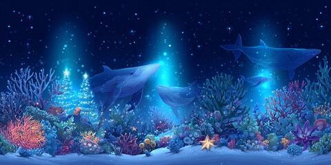 Whimsical underwater scene with blue whales swimming above vibrant coral reef and Christmas trees Concept of holiday, ocean life, and fantasy