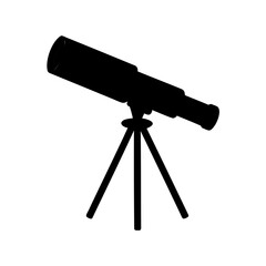 A silhouette of a telescope on a tripod against a white background