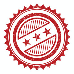 Distressed red circular seal design with three stars and diagonal lines is displayed