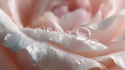 Close-up of a delicate water drop on a soft pink rose petal, creating a beautiful romantic and gentle atmosphere, nature beauty and purity concept.