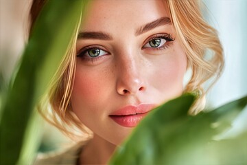 Naklejka premium Woman With Striking Green Eyes Gazes Through Lush Green Leaves in Soft Indoor Lighting