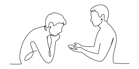 Two people talking, one listening intently, Simple continuous line drawing