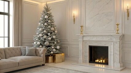 Creating a cozy holiday atmosphere elegant living room with marble fireplace luxurious christmas tree and plush velvet sofa photorealistic warm lighting
