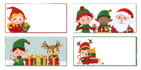 Fototapeta premium Cheerful Christmas Elf and Santa Claus Cartoon Characters with Reindeer and Gifts for Holiday Season Greeting Card Design