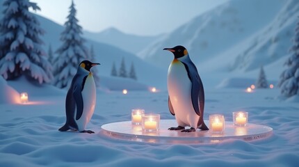 Fototapeta premium Two penguins standing in a snowy landscape illuminated by candles